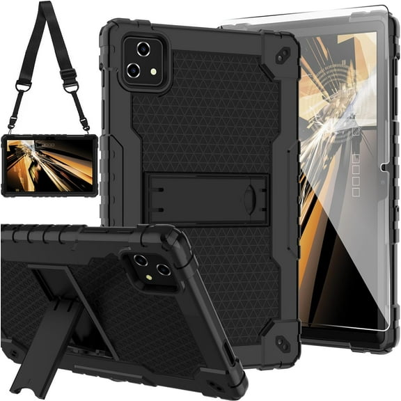 Fesign for T-Mobile Revvl Tab 5G Tablet 10.36 inch 2023 Released Case Built in Kickstand Hybrid Case Hard Back Case Come with Tempered Glass/Shoulder Strap for T-Mobile Revvl 2023 (Black Black/1 Pcs)