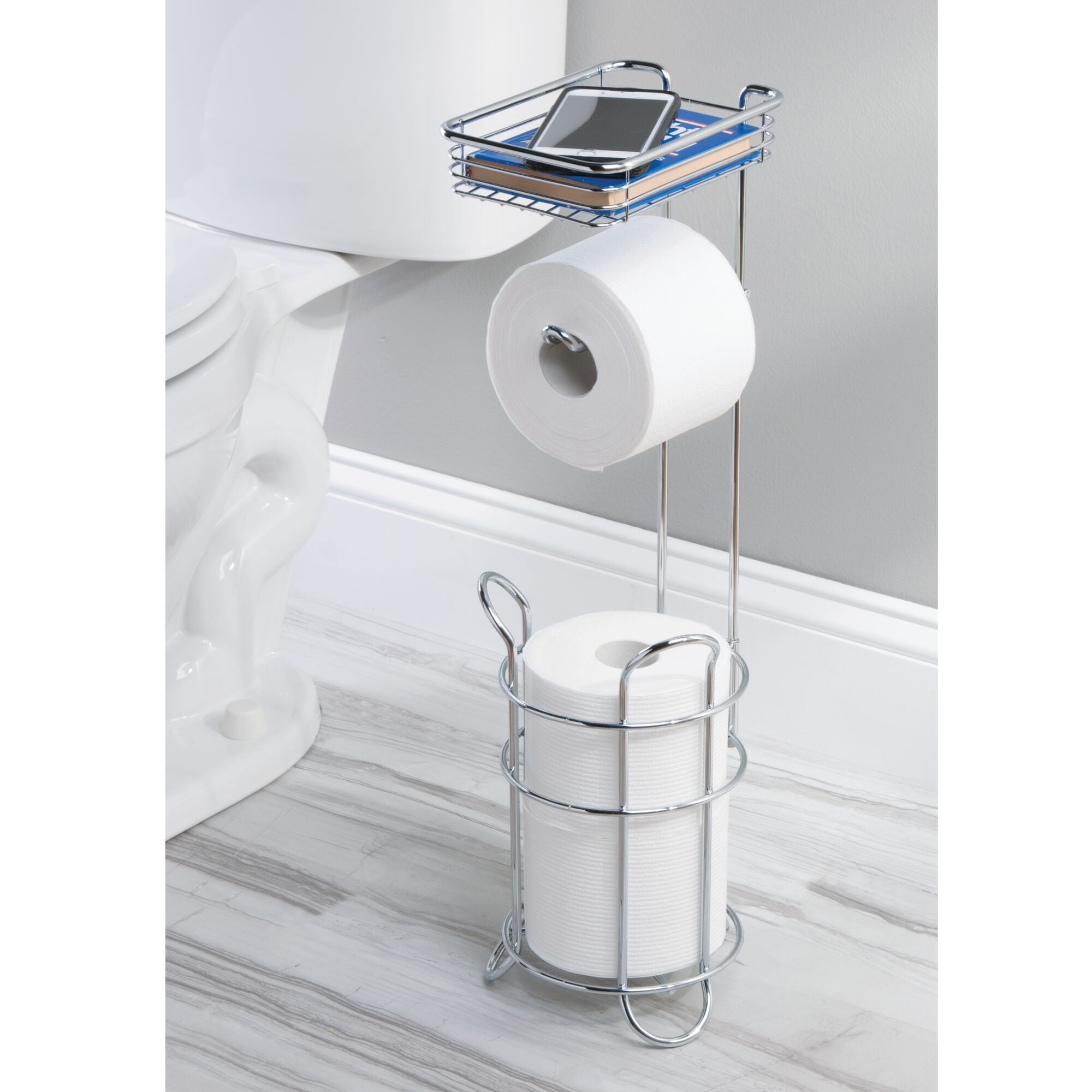 Mobile Phone Holds 3 Rolls Bathroom Storage Organization mDesign Freestanding Metal Wire Toilet Paper Roll Dispenser Holder and Extra Roll Reserve with Storage Shelf for Cell Matte Black MetroDecor 8790MDBST