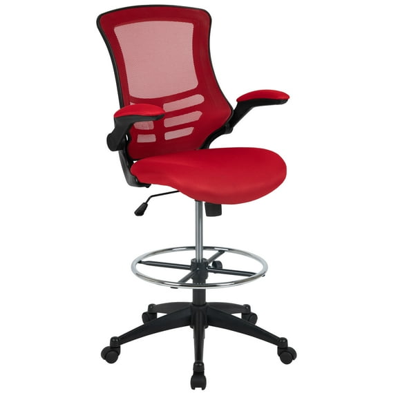 Flash Furniture Kelista Mid-Back Red Mesh Ergonomic Drafting Chair with Adjustable Foot Ring and Flip-Up Arms
