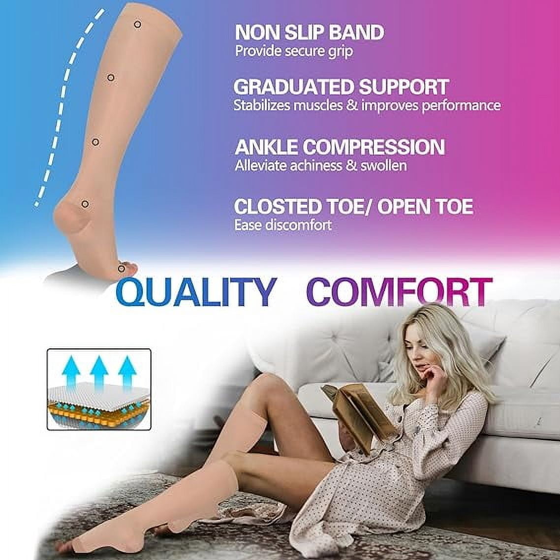 Wukang Open Toe Sheer Compression Stockings for Women, 15-20 mmHg Knee High Circulation Support Stockings, Graduated Medical Compression Socks for Travel, Flight