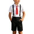 thumbnail image 3 of DJDLJWCJ Boys School Uniform Sets 4 Piece Short Sleeve White Shirt and Flat Front Shorts ，Adjustable Suspenders with Tie Red Size 11, 3 of 7