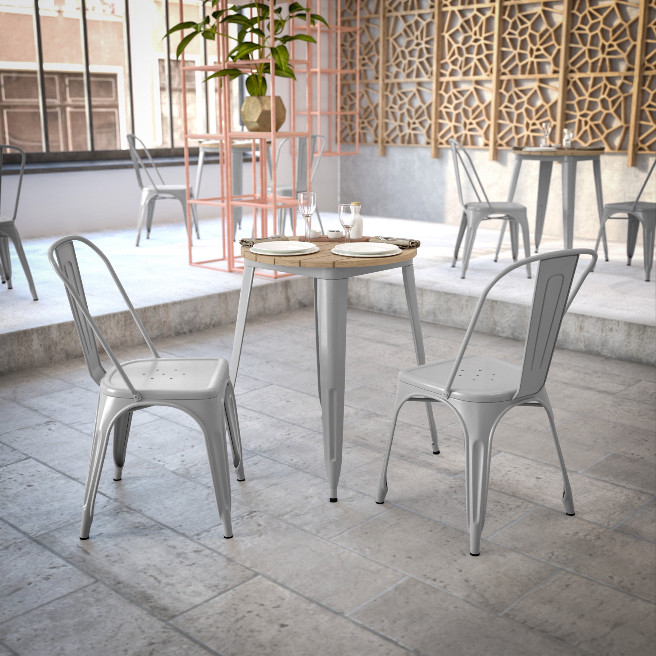 Flash Furniture Declan Commercial Grade Indoor/Outdoor Dining Table, 23.75" Round All Weather Brown Poly Resin Top with Silver Steel Base