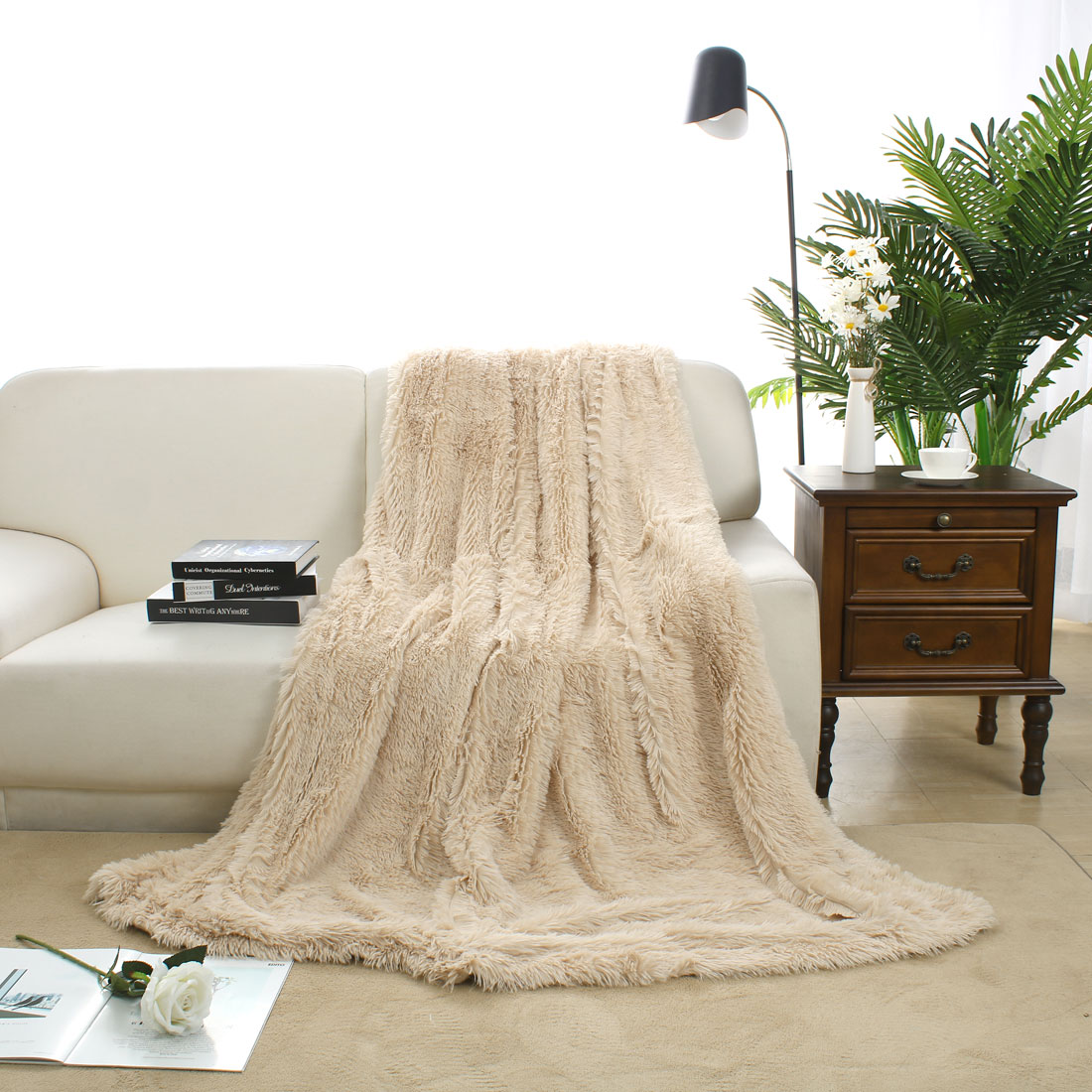Shaggy Faux Fur Decorative Full Size Blanket 70"x78" Beige
