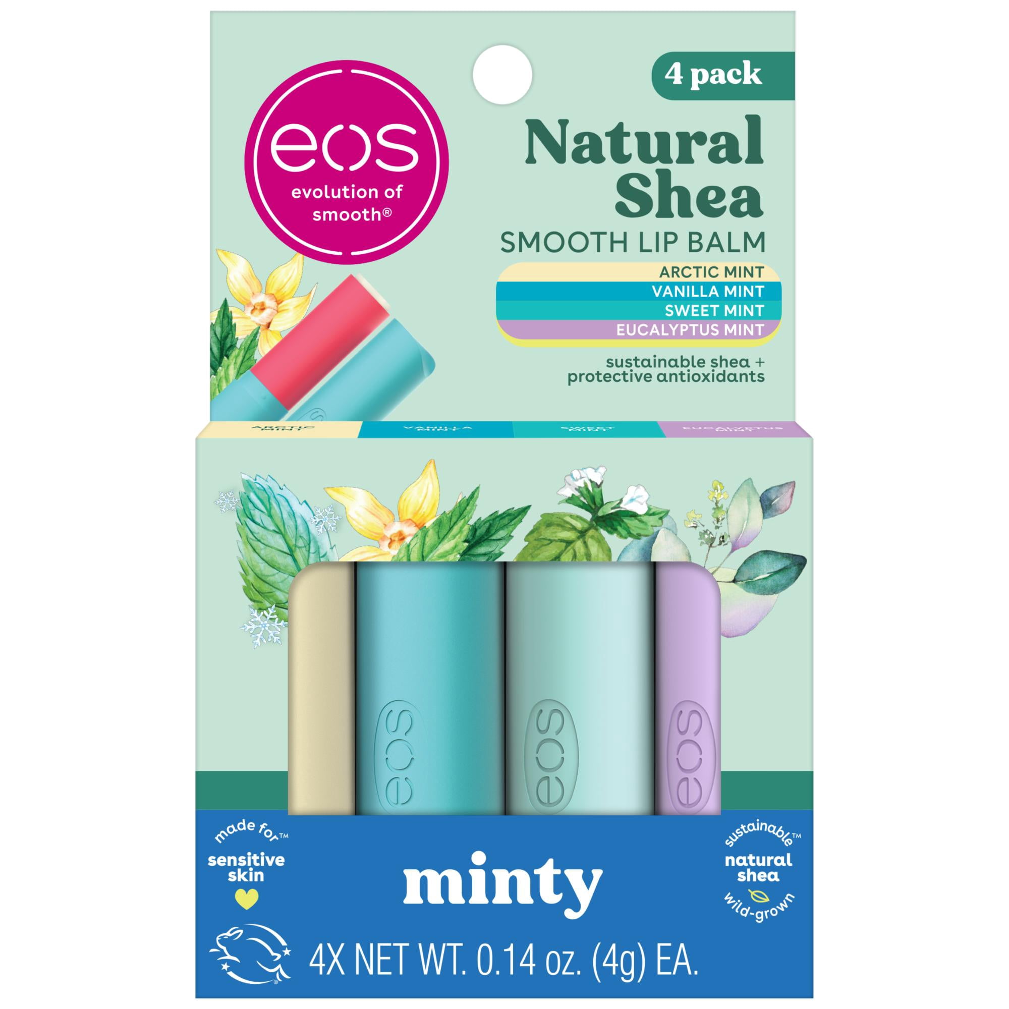 eos Natural Shea Minty Lip Balm Variety Pack- 0.14 oz, Pack of 4