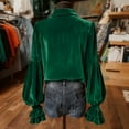 thumbnail image 7 of Lenpel Velvet Tops for Women Vintage Ruffle Lantern Long Sleeve Collared Velour Button down Shirts Dressy Casual Tunic Blouses(Green,X-Large), 7 of 7