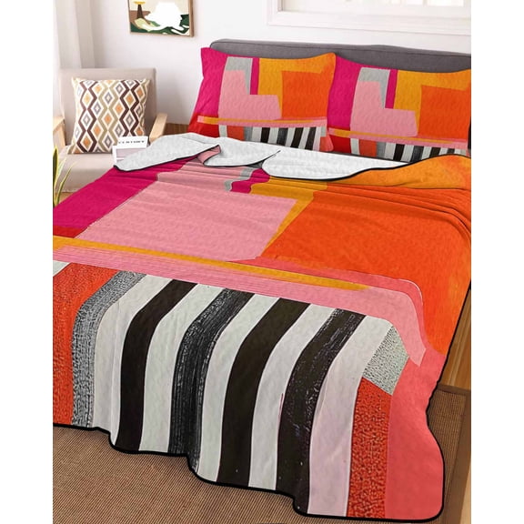 Pink Orange Full Size Down Alternative Comforter, Lightweight Comforter Quilt Bedding Set with Pillow Shams Geometric Modern Abstract Oil Painting All Seasons Bed Comforter Duvet Insert 78"x90"