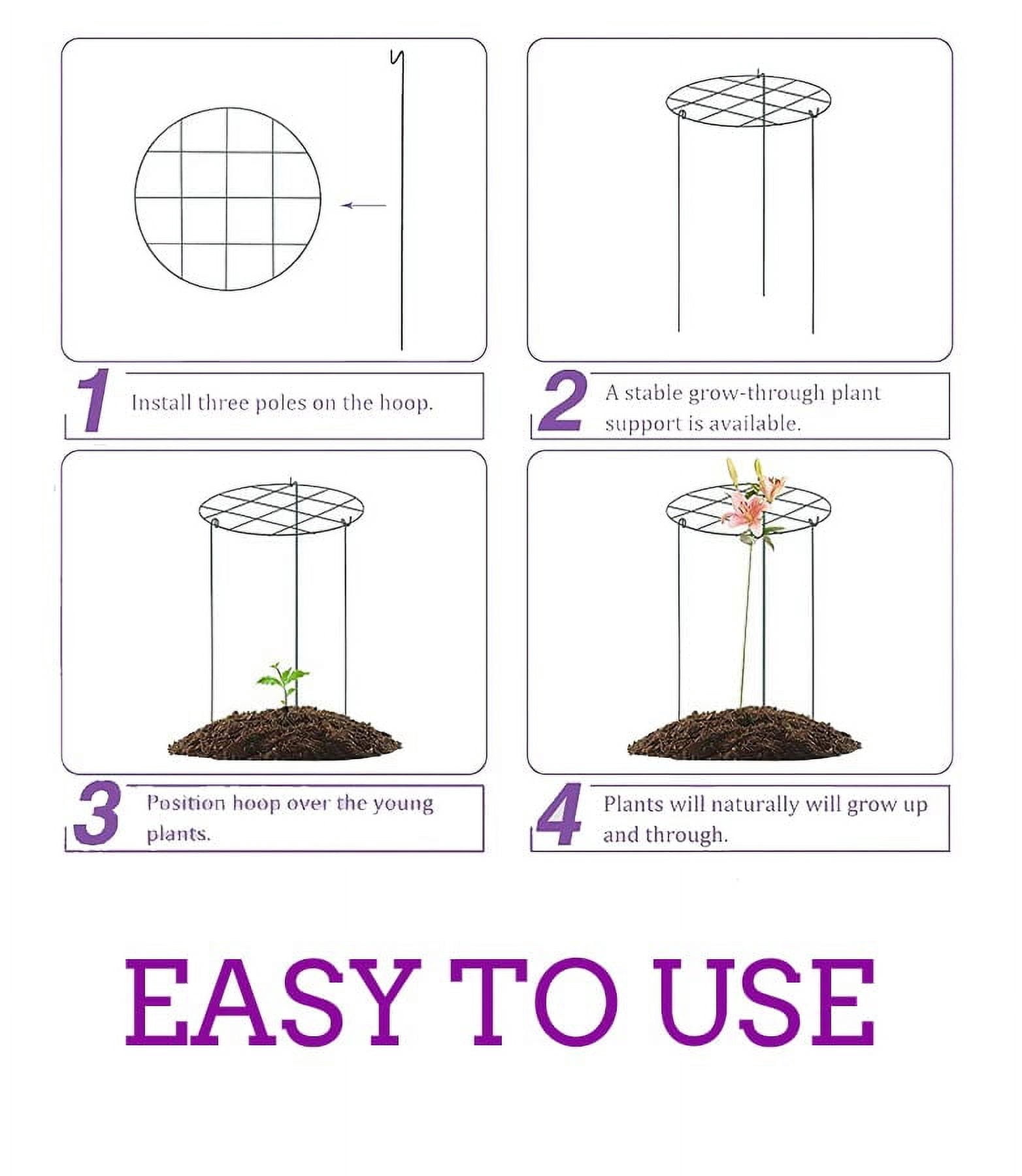 Peony Cages and Supports, Pack of 6 Metal Grow Through Plant Support Stakes Grid Plant Brace Flower Support Rings Hoops with 3 Pcs Legs for Flowers, Peonies, Rose, Lily (16in)