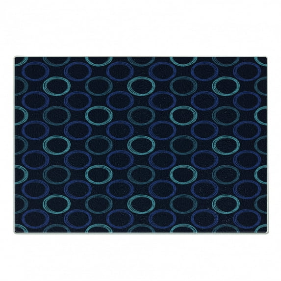 Geometric Cutting Board, Scribble Art Style Circles Ring Shapes on Dark Background, Decorative Tempered Glass Cutting and Serving Board, Small Size, Blue Violet Pale Blue, by Ambesonne