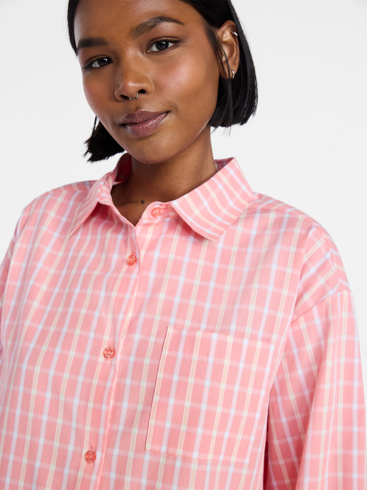 No Boundaries Sleepwear Button Shirt with Long Sleeves, Women's XS-XXL