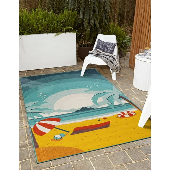 Unique Loom Outdoor Coastal Collection Area Rug - Beach Day (5' 1" x 8' Rectangle Multi/Navy Blue)
