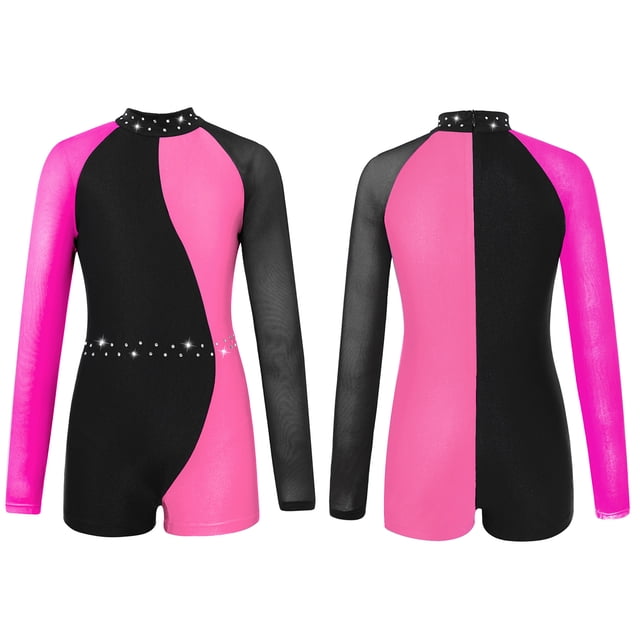 Yeahdor Shiny Rhinestones Gymnastics Leotards for Girls Long Sleeve Dance Jumpsuit Athletic Ballet Unitards Rose 8