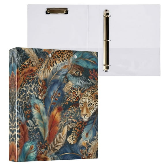 Feathers and Leopard Print 3 Ring Hardcover Binders 1.5in Round Rings for Letter-Size Folder Paper Organizer Pockets for Office Student Recipe