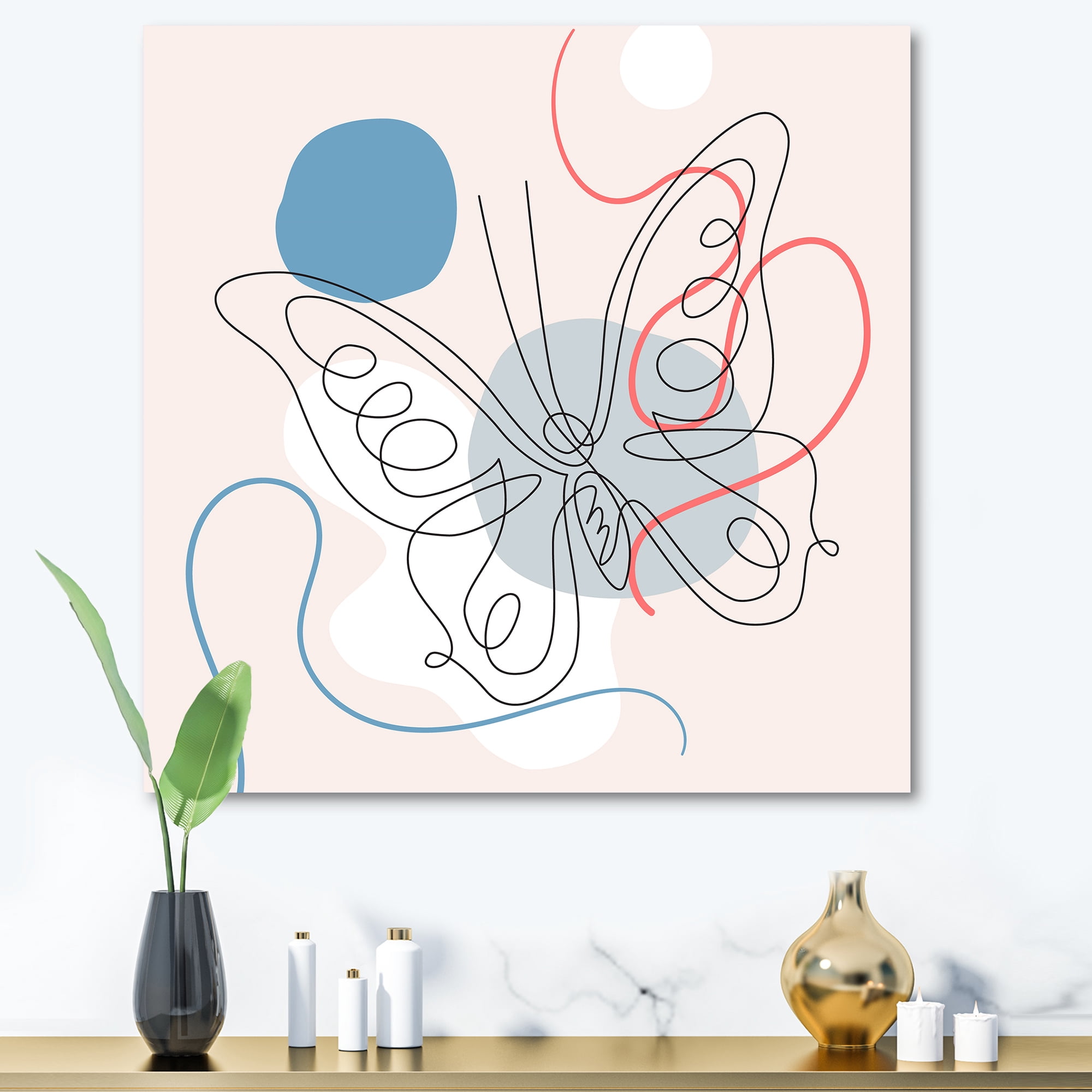 Designart ' One Line Butterfly Drawing On Cubism Shapes III ' Modern Canvas Wall Art Print