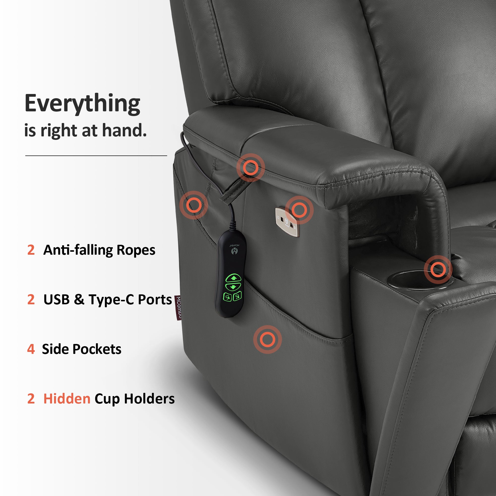 MCombo 450LB Oversized Dual Motor Power Lift Recliner Chair for Big Tall Elderly, Hidden Cup Holders, Faux Leather, Grey