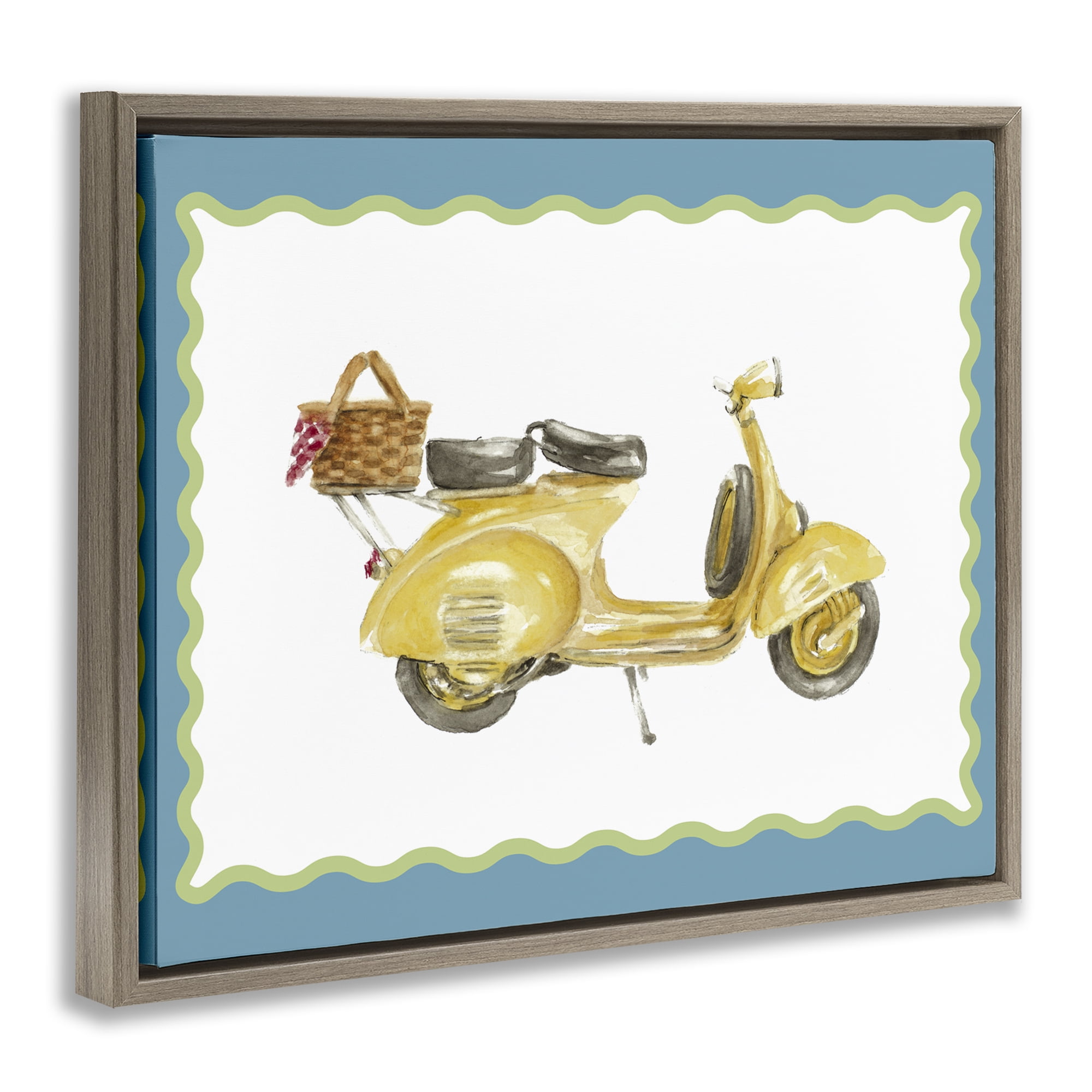 Stupell Industries Yellow Vespa with Wavy Border Brown Framed Floater Canvas Wall Art, design by Lanie Loreth