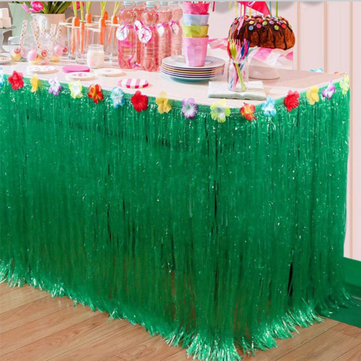 28 x 108 Tiki Table Topper Grass Skirt With Multi-colored Floral Trim Garden Beach Picnic Summer Party Decoration Marry Acting Hawaiian Tropical Table Skirt Gold 