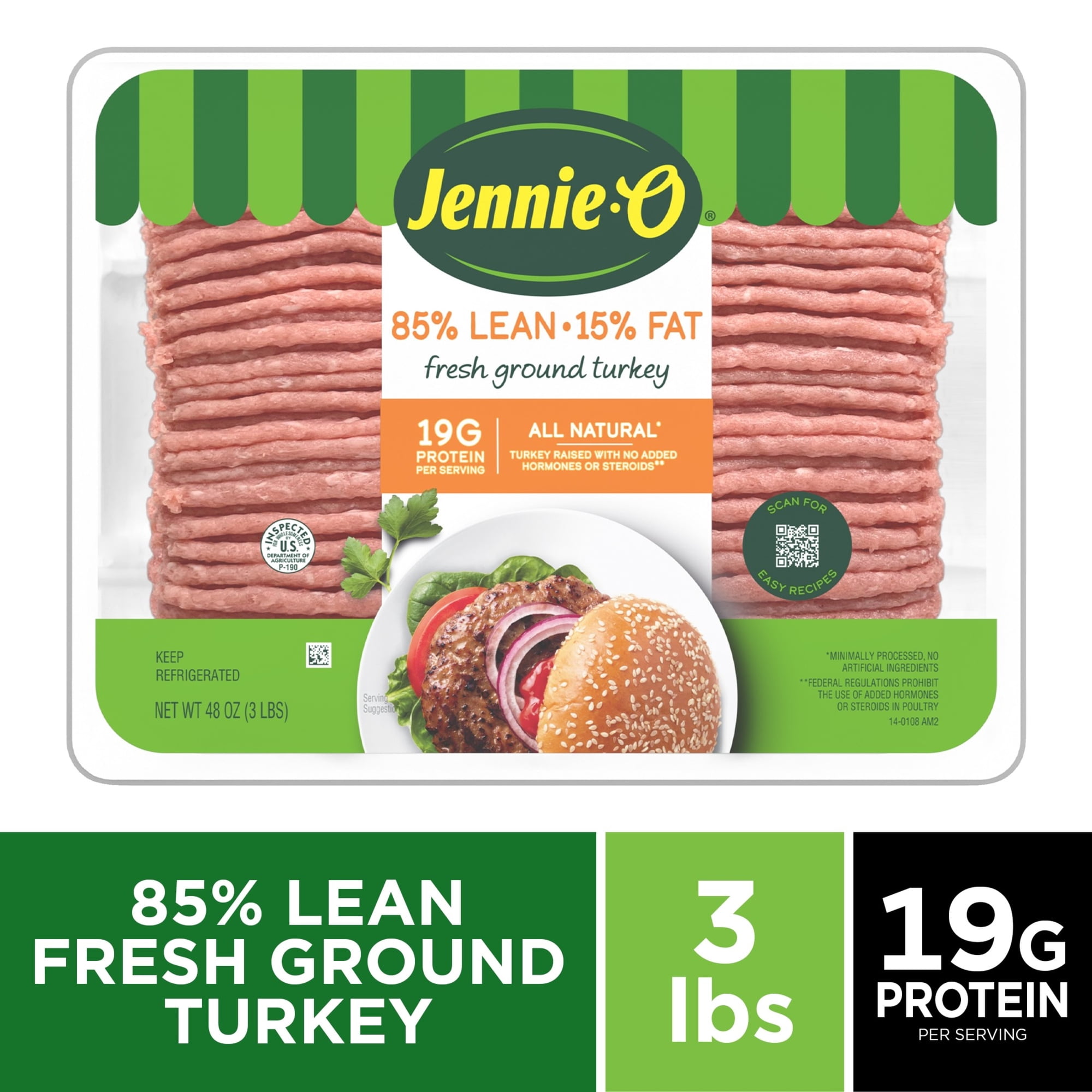 JENNIE-O Fresh Lean Ground Turkey, Fresh Meat, 85% Lean/15% Fat, *All Natural, 3 lb Plastic Tray