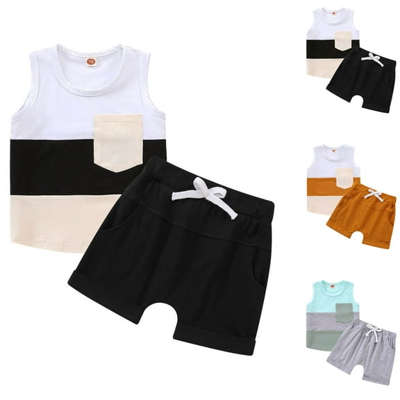 Bovxnpu Boys 2 Piece Outfits, Boy Sleeveless Tee T Shirt Tank Top Shorts, Boys' Casual Short Sleeve Turndown Collar Botton Solid Short Pants Sets 1 Year