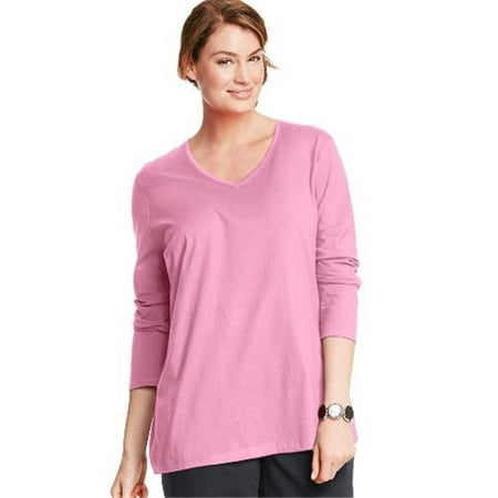 OJ043 Long-Sleeve V-Neck 100 Percentage Cotton Womens Tees, Pink Swish - Size 2X