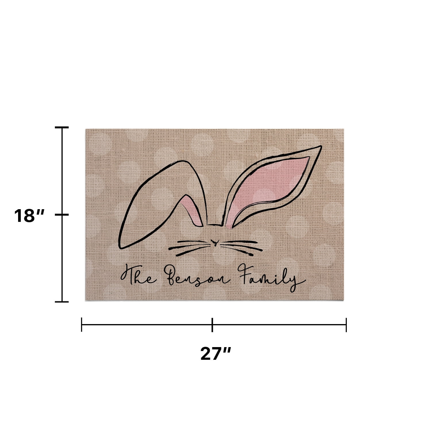 Personalized Planet 27x18 Polka Dot Bunny Ears Doormat with Custom Family Name Printed on Brown Rectangular 1/8” Thick Non Slip Mat for Kitchen Hallway Deck or Porch