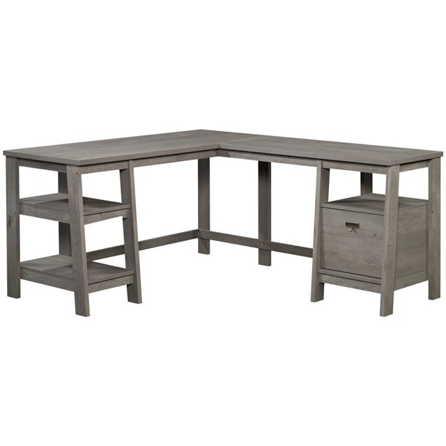 Sauder Trestle Transitional Wooden L-Shaped Writing Desk in Mystic Oak
