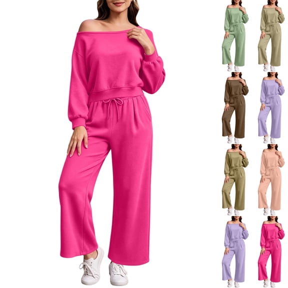 Fancifize Women Off Shoulder Sweatsuit Sets, Long Sleeve Sweatshirts and Wide Leg Sweatpants, 2 Piece Outfits