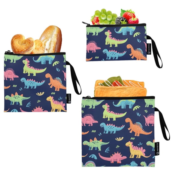 Ryvnso 3 Pack Reusable Snack Bags Sandwich Storage Pouches Washable Lunch Bag Cartoon Dinosaur Cute