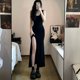 thumbnail image 2 of Vestido negro sin mangas con tirantes para mujer, vestido largo irregular con abertura lateral, ajustado y sexy, vestido coreano sencillo de verano de una pieza para mujer, 2 of 4