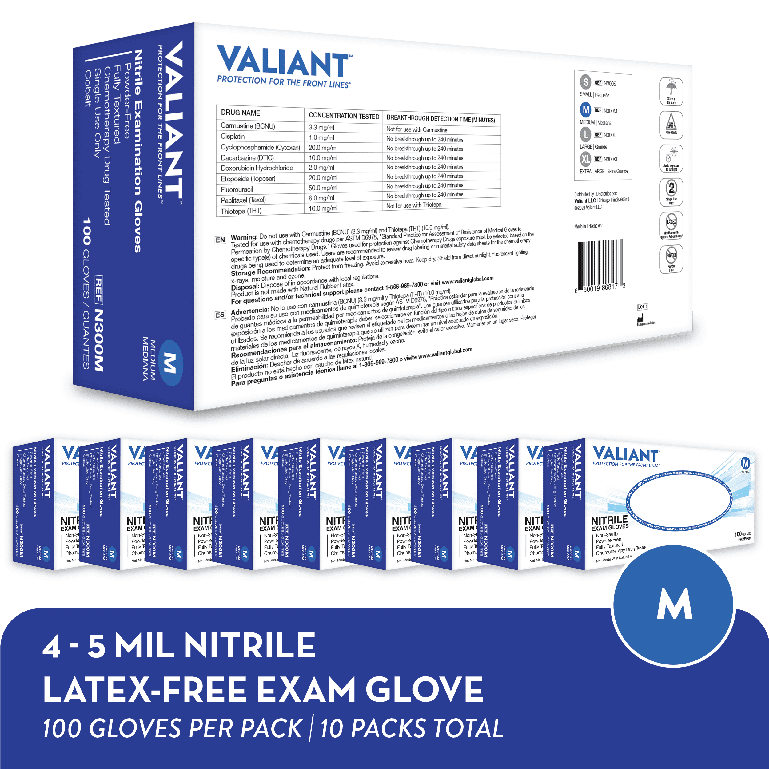 Valiant N300 Nitrile Exam Gloves, Single Use Only, Full Palm and Fingertip Textured, Cobalt, Medium, 100 Per Box, 10 Boxes (1,000 Gloves)