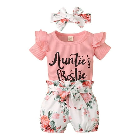 

EHTMSAK Newborn Girl Letter Print Clothing Set Bodysuit and Floral Shorts Set Summer Outfits Short Sleeve with Headband Pink 0-18M 100