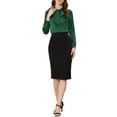 thumbnail image 2 of INSPIRE CHIC Women's Bow Tie Neck Solid Long Sleeve Satin Blouse Tops XL Dark Green, 2 of 5