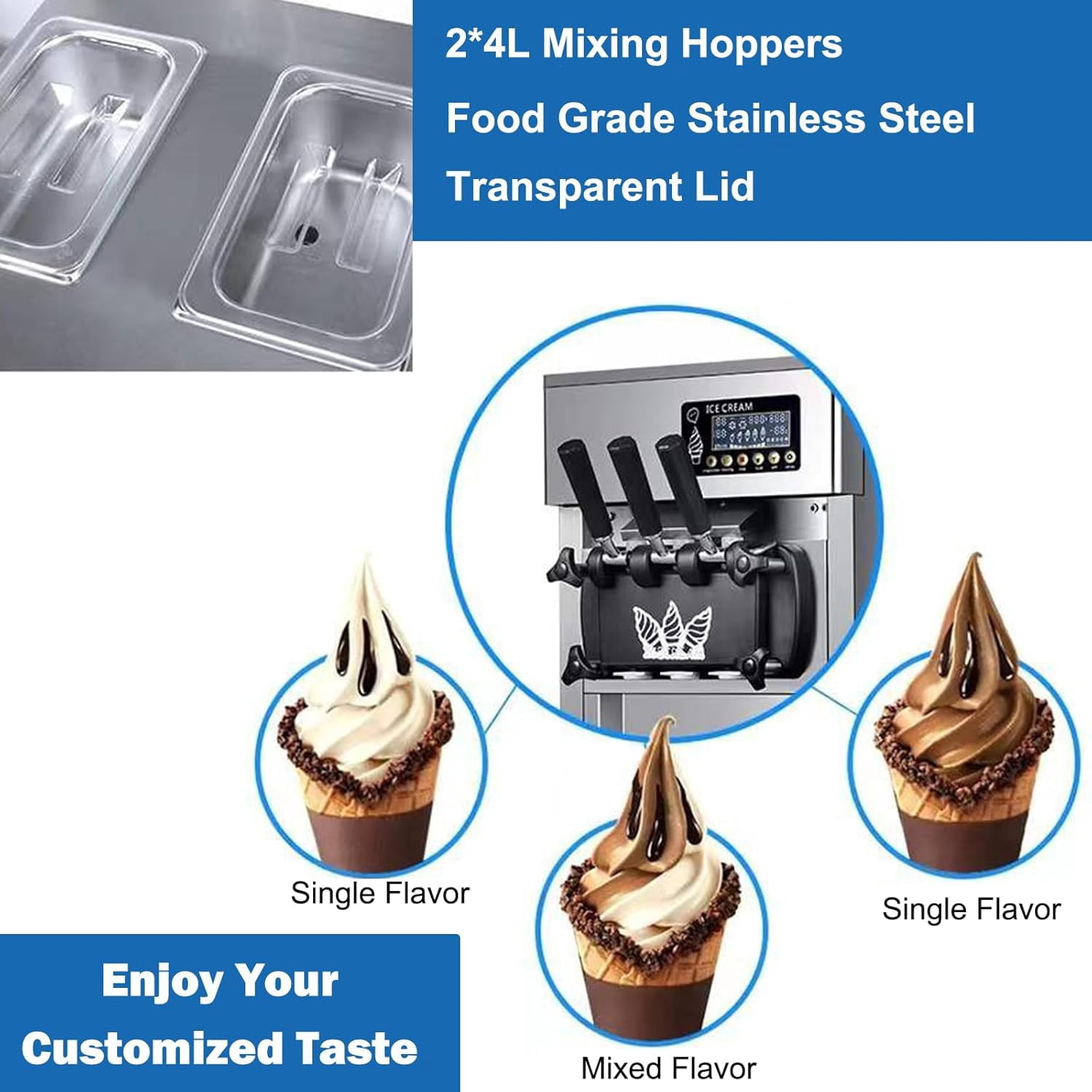 SIHAO Ice Cream Machine with Pre-cooling & Fresh-keeping Function, 18L/H Commercial Soft Serve Machine, 3 Flavors Countertop Soft Ice Cream Maker