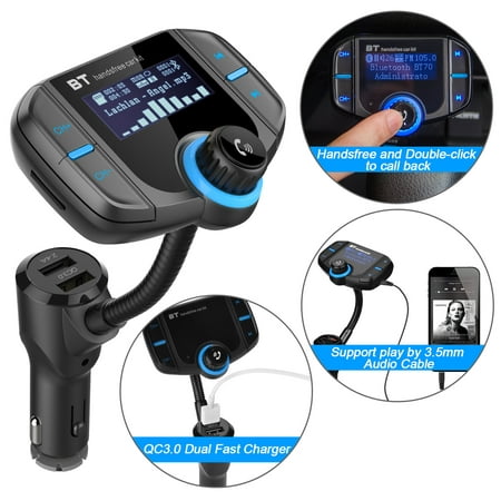 AGPtek Bluetooth 4.2 FM Transmitter Wireless In-Car Radio Adapter QC3.0 Supports 3.5mm Audio Cable & TF Card
