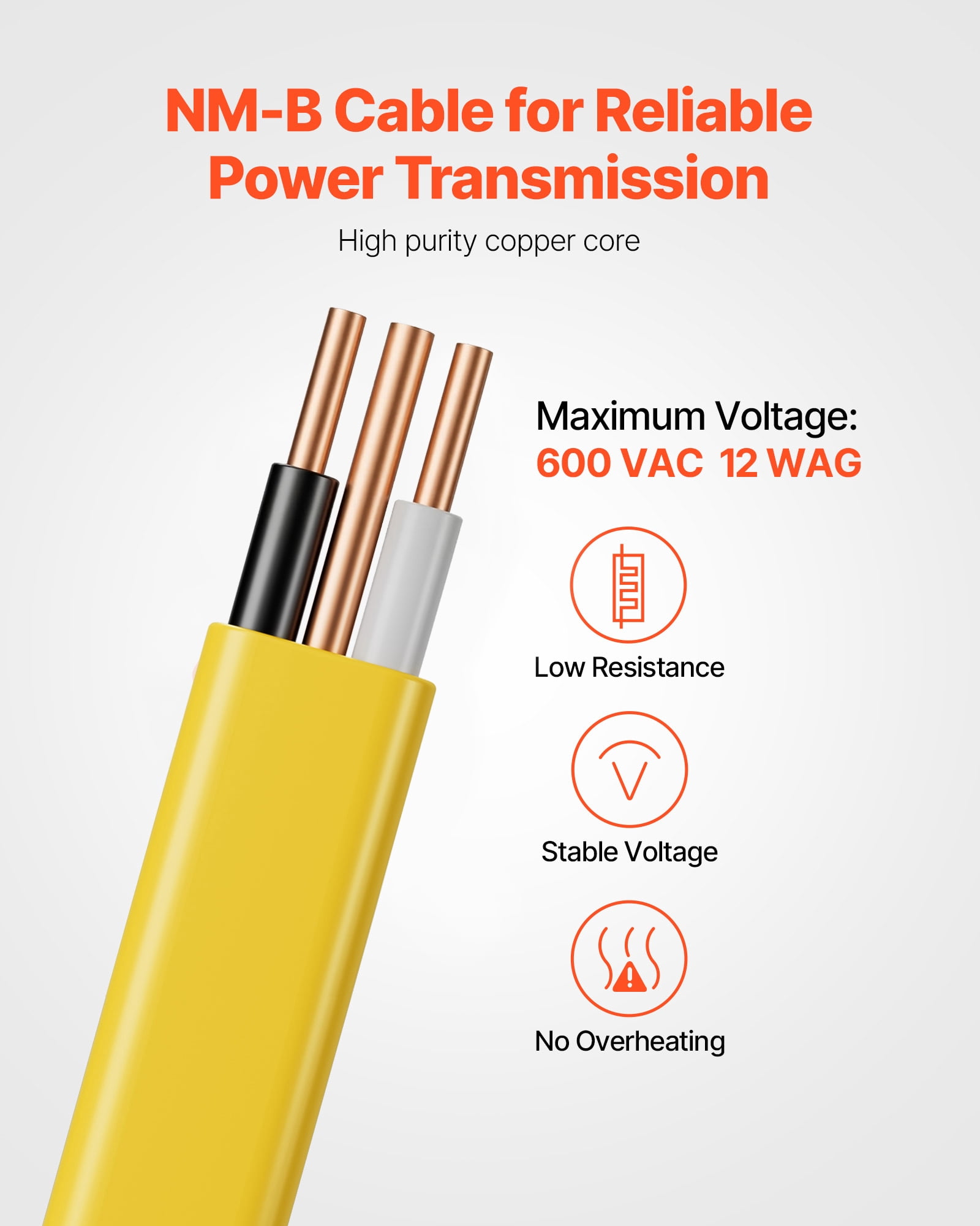 VEVOR NM-B Wire, 12AWG/2C Non-Mettalic Residential Indoor Electrical Wire with Ground, PVC Sheathed High-Purity Copper Core Cable, for Outlets, Switches, Other Loads & Lighting Wiring Project
