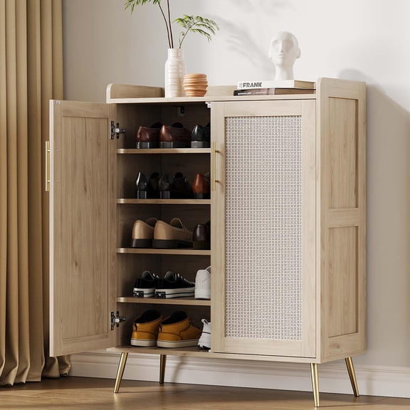 TROPOW Shoe Cabinet with Doors, 5-Tier Shoe Storage Cabinet with Adjustable Shelf, Shoe Organizer Cabinet, Rattan Shoe Rack Cabinet for Living Room, Entryway, Hallway