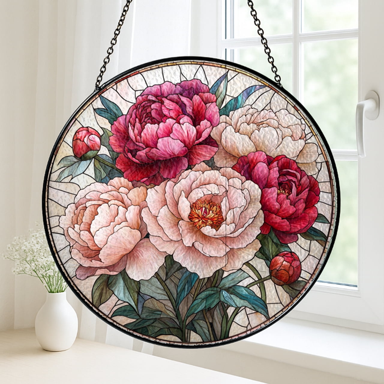 Peony Floral Window Panel, Faux Stained Glass Pink Bloom Decor for Nature Lovers and Home Accent