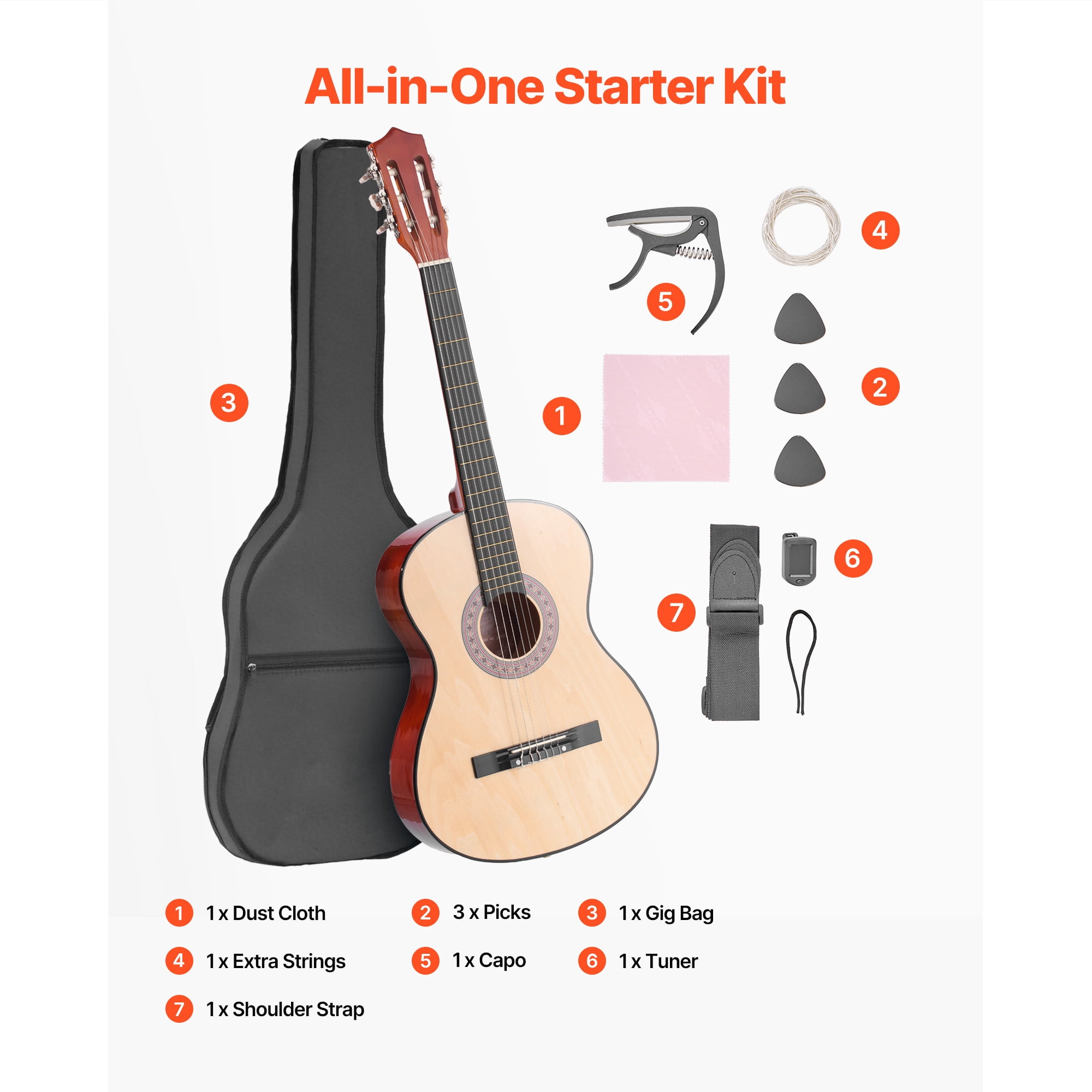 KFFKFF 38-Inch Classical Guitar Starter Kit, Wooden Acoustic Guitar with Nylon Strings, Gig Bag, Strap, Tuner, Extra Strings, Pick, Capo, Ideal for Beginners, Teens, Adults, and Students