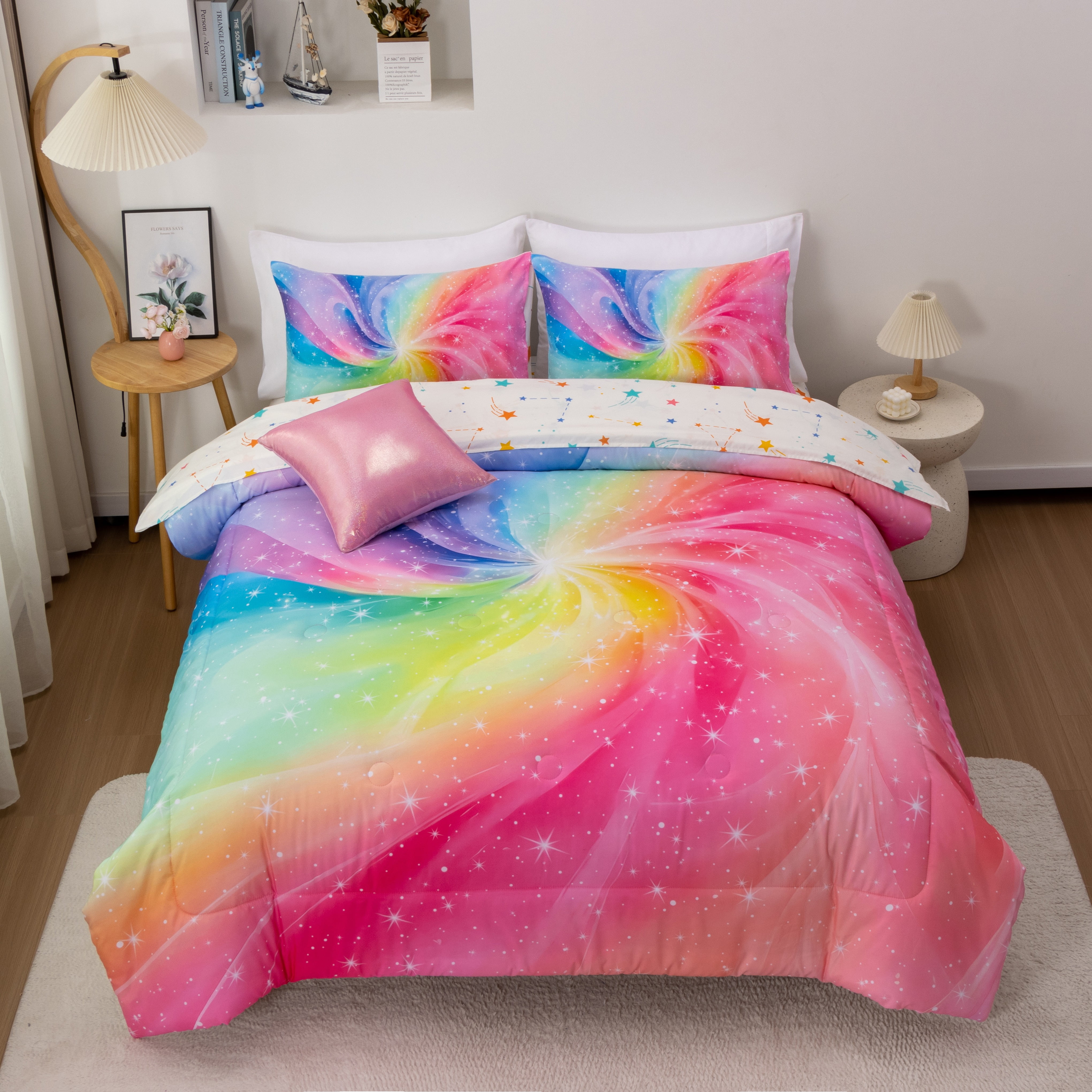 NTBED 6Pcs Twin Swirling Galaxy Dreamy Comforter Set, Colorful Rainbow Gradient Glitter Tie Dye Comforters, Ultra Soft Bedding Set (Pink, Twin 6Pcs)