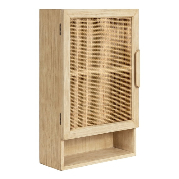Kate and Laurel Ori Transitional Cane Wall Cabinet with Door, 15 x 7 x 24, Natural Wood, Decorative Rattan Over the Toilet Cabinet with Two Shelves and Bonus Storage Cubby