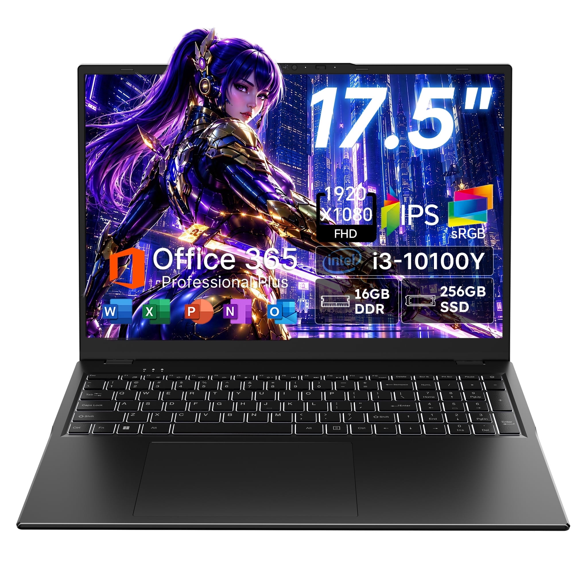 Golzer 17.5" Laptop, 16GB RAM 256GB SSD Windows 11 Laptop Computer, Intel Core i3-10100Y(Up to 3.9GHz), 100% sRGB, Backlit Keyboard, 1yr Office 365 Free, Black