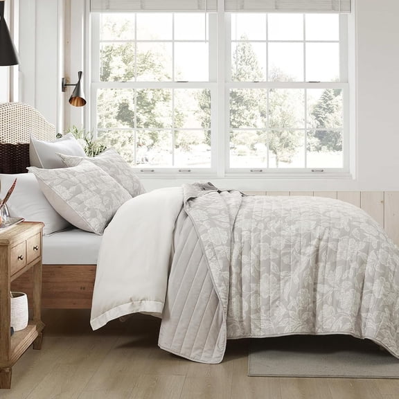 Floral Quilt Set King Size 3 Pieces Taupe Reversible Bedding Coverlet Soft Lightweight All Season