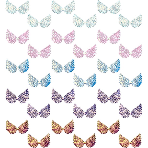 40 parches de alas de ángel iridiscentes de 2,5 pulgadas con láser, apliques de tela en relieve, 5 colores, mini alas para manualidades.