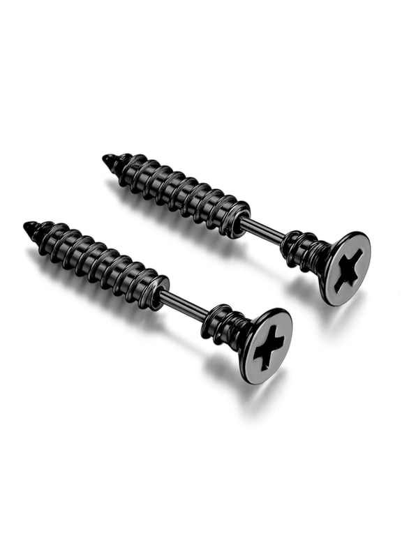 Stainless Steel Black Punk Earrings Screw Threaded Shape Taper Ear Fake Cheater Plug Earrings