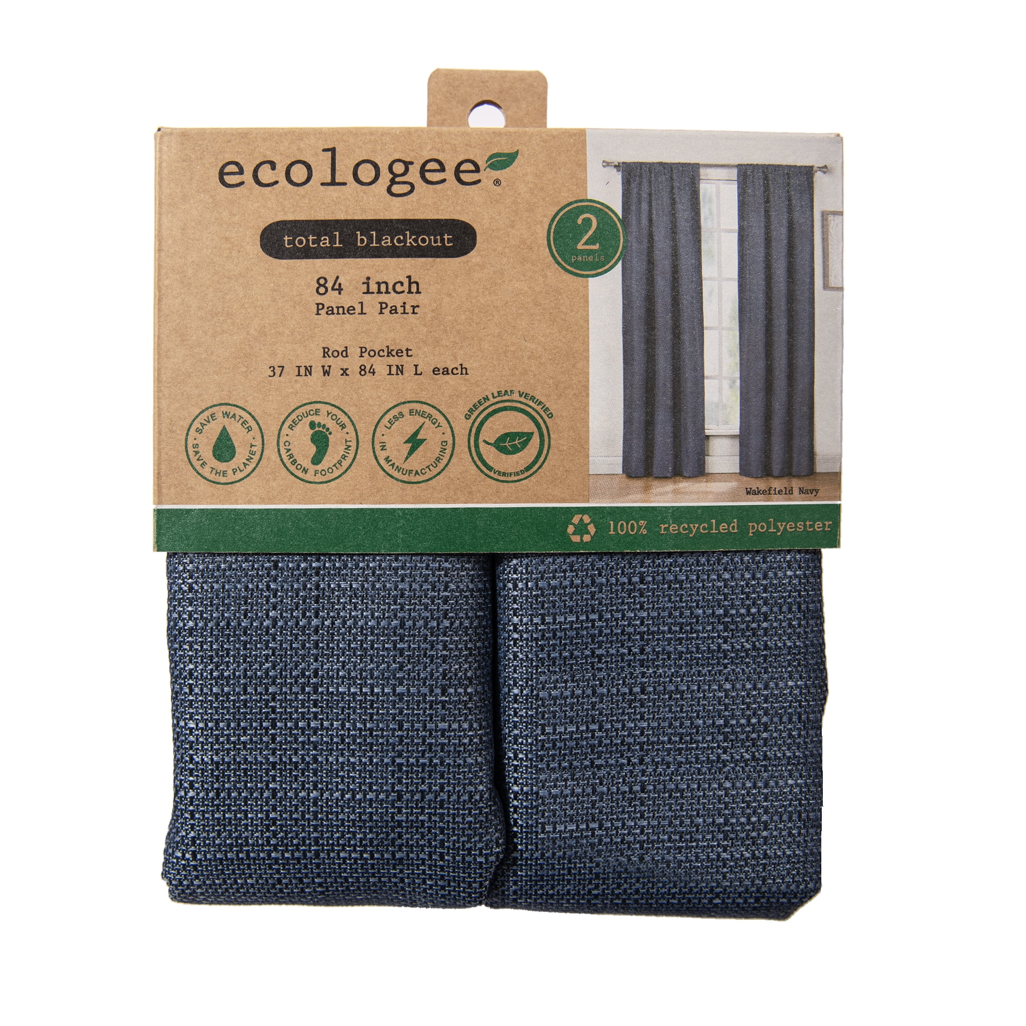 Ecologee Wakefield Textured Total Blackout Rod Pocket Curtain Panel Pair, Navy, 37" W x 84" L