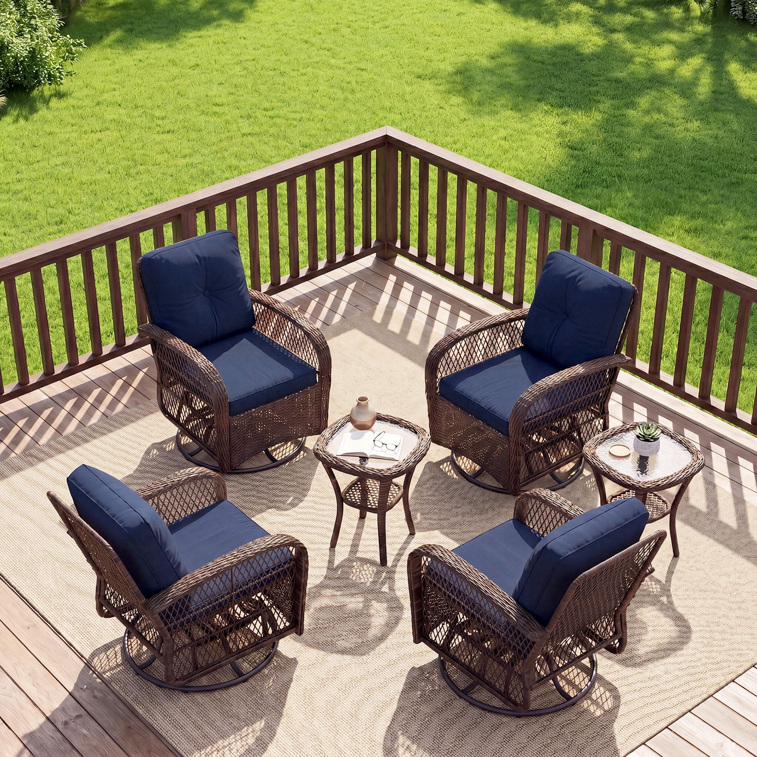 BaPiPro Navy Blue 6-Piece Outdoor Swivel Rocker Wicker Conversation Set – Weatherproof Rattan Patio Furniture with 4 Armchairs, Cushions & Tempered Glass Side Tables for Deck, Backyard, Porch
