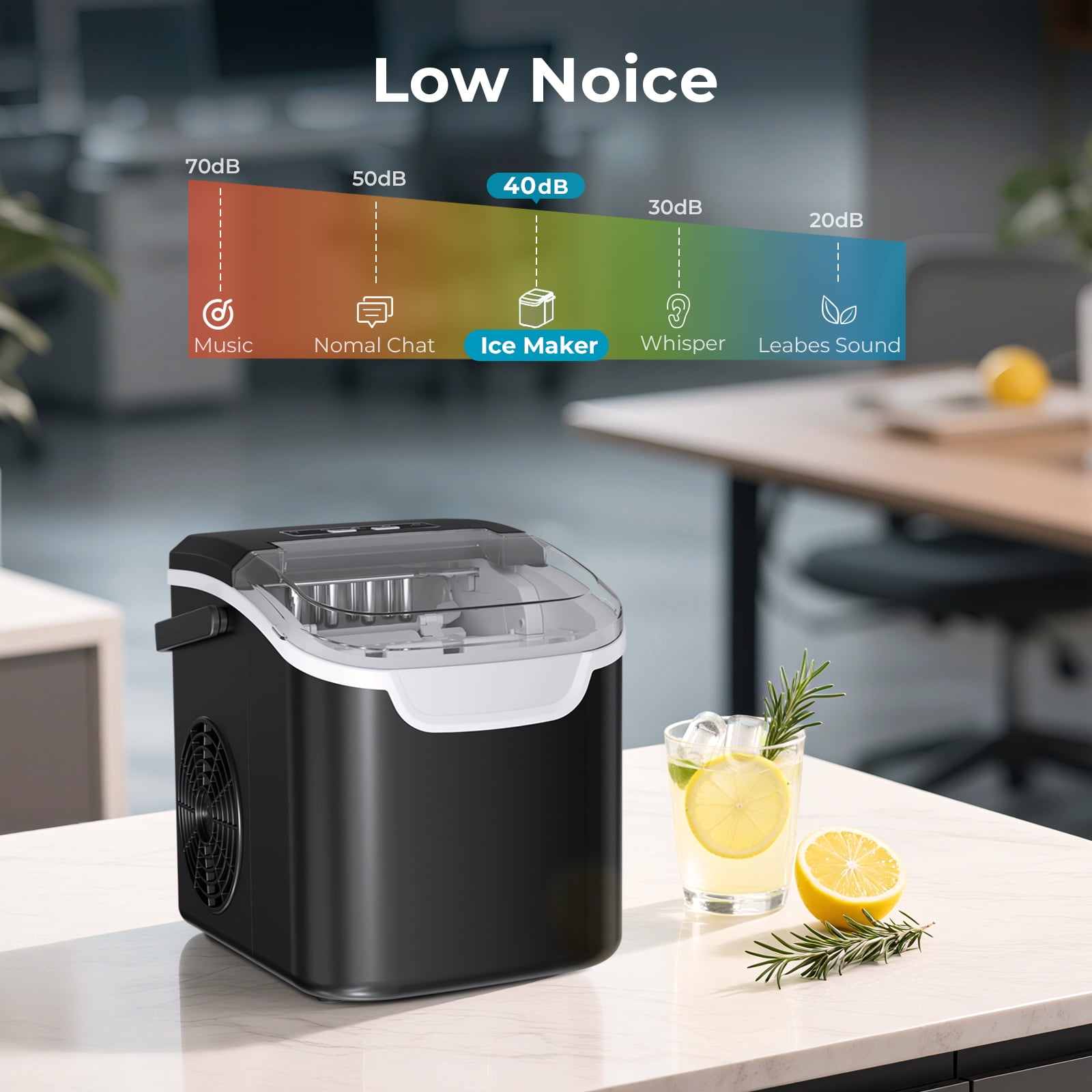 WAA Countertop Ice Maker with LED Display & Timer,26lbs/24H,Self-Cleaning,Portable Handle,Compact for Home/Kitchen(Black)