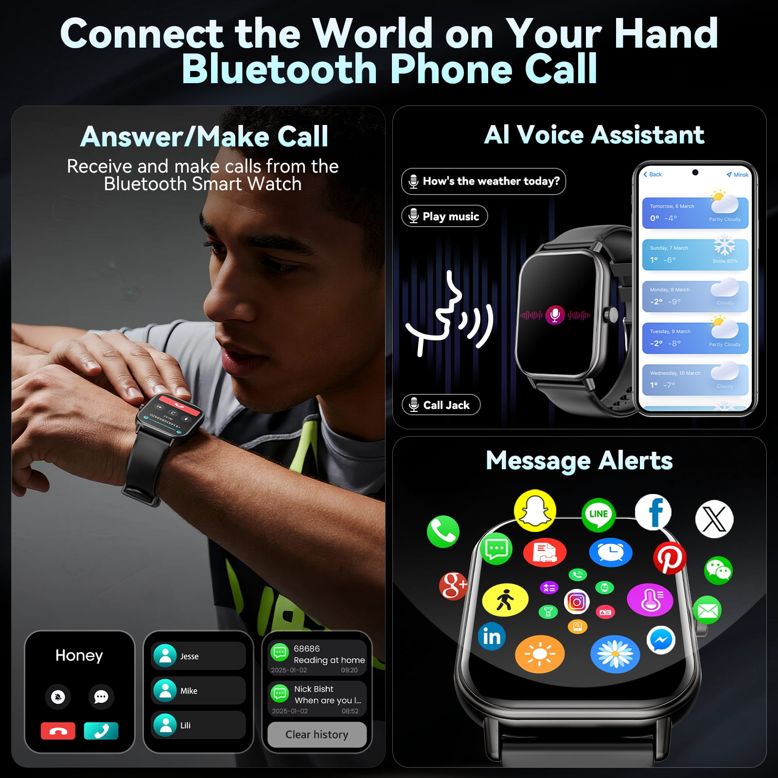 Mingwear 1.85-Inch Men's and Women's smartwatch fits for Android and iPhone Devices with Fitness Tracker, Pedometer, Answer/Call/120 Sport Modes, IP68 Waterproof Fitness Watch（black）