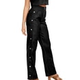 thumbnail image 4 of qolati Women Faux Leather Pants High Waisted Straight Wide Leg Side Buttons Palazzo Trousers Casual Elastic Waisted Business Work Lounge Pants, 4 of 5