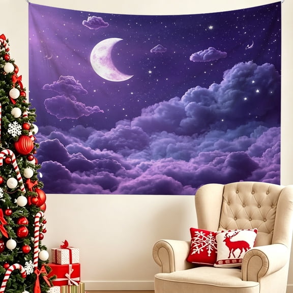 1pc Dreamy Purple Moon Cloud Night Sky 2D Print Tapestry 74x72/80x72/86x72 inch Cosmic Space Aesthetic Wall Decor