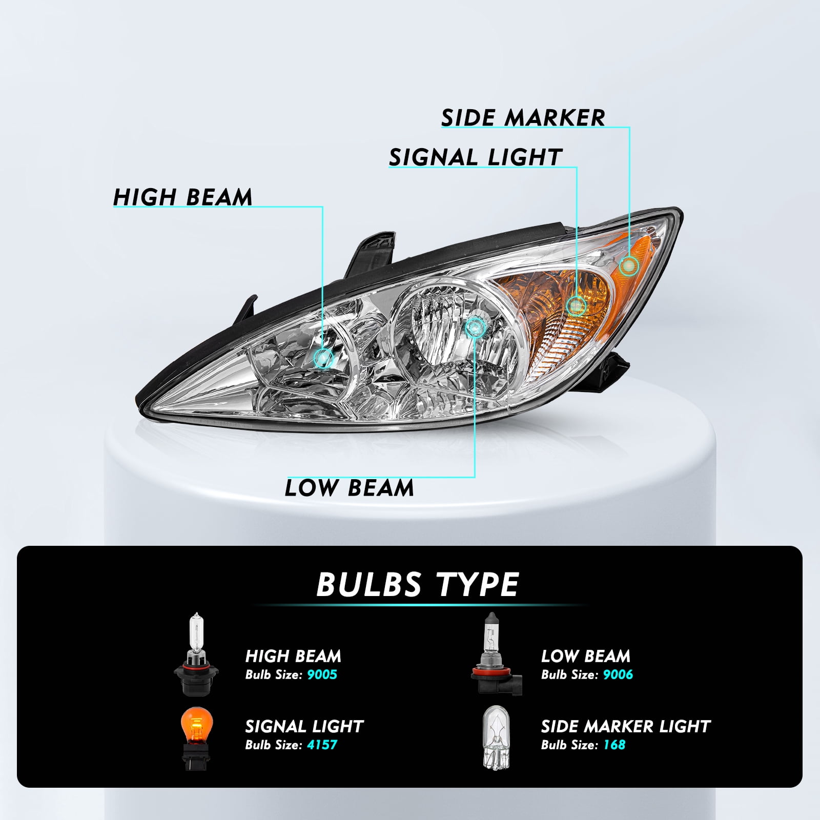 Headlights Assembly For 2002 2003 2004 Toyota Camry Chrome Amber Headlamps L+R